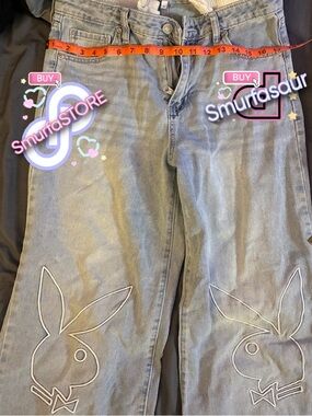 Light Wash wide leg boyfriend Jeans w/Playboy Bunny Embroidery w/attached boxers